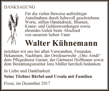Traueranzeige von Walter Kühnemann von Super Sonntag Aschersleben