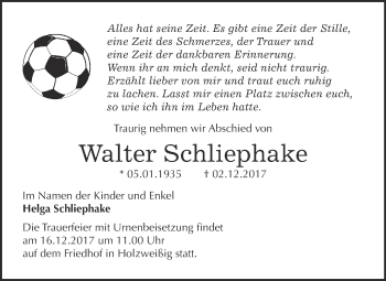Traueranzeige von Walter Schliephake von WVG - Wochenspiegel Bitterfeld