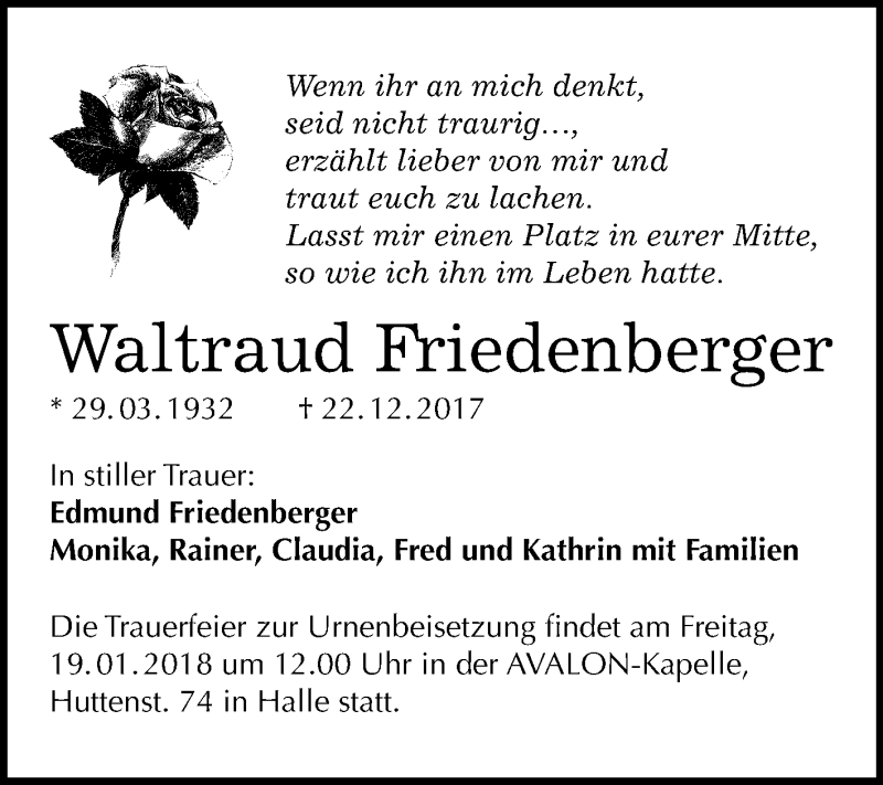  Traueranzeige für Waltraud-Martha Friedenberger vom 30.12.2017 aus Mitteldeutsche Zeitung Halle/Saalkreis
