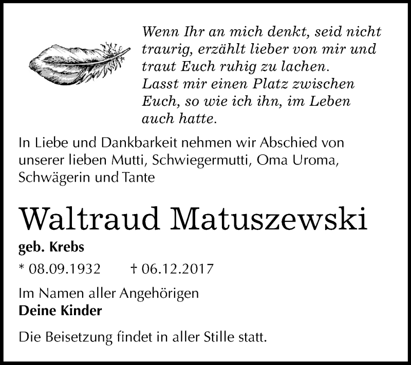  Traueranzeige für Waltraud Matuszewski vom 15.12.2017 aus Mitteldeutsche Zeitung Bitterfeld