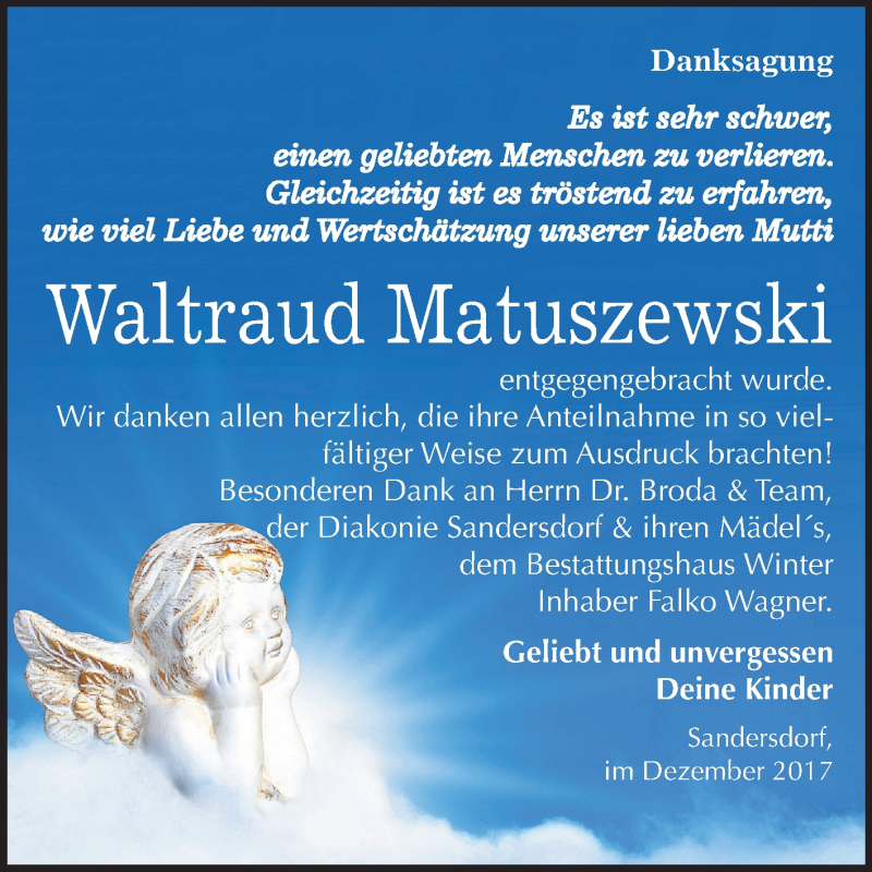  Traueranzeige für Waltraud Matuszewski vom 22.12.2017 aus Mitteldeutsche Zeitung Bitterfeld