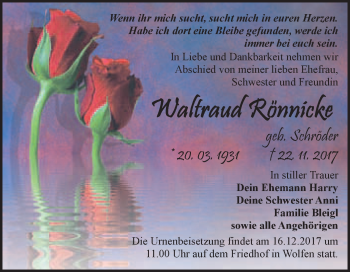 Traueranzeige von Waltraud Rönnicke von WVG - Wochenspiegel Bitterfeld