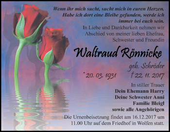 Traueranzeige von Waltraud Rönnicke von Mitteldeutsche Zeitung Bitterfeld
