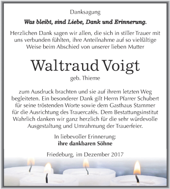 Traueranzeige von Waltraud Voigt von Super Sonntag SGH Mansf. Land
