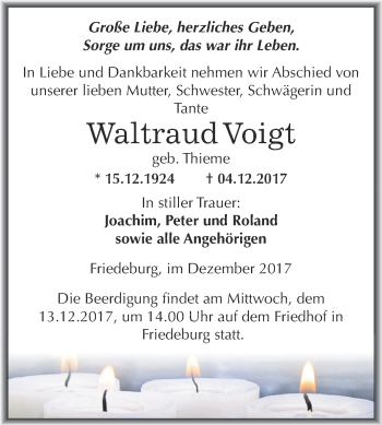 Traueranzeige von Waltraud Voigt von Super Sonntag SGH Mansf. Land