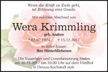 Traueranzeige von Wera Krimmling von Mitteldeutsche Zeitung