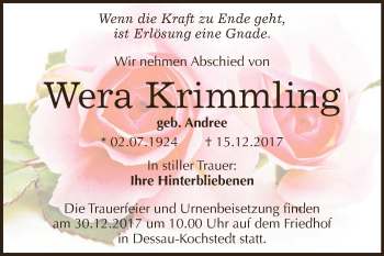 Traueranzeige von Wera Krimmling von WVG - Wochenspiegel Dessau / Köthen