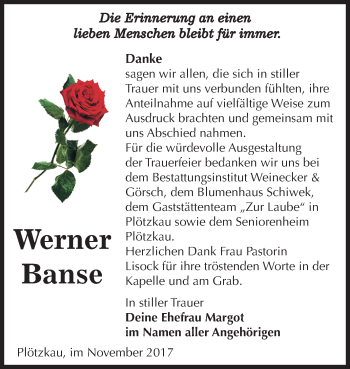 Traueranzeige von Werner Banse von Mitteldeutsche Zeitung Bernburg