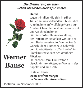 Traueranzeige von Werner Banse von Super Sonntag Bernburg