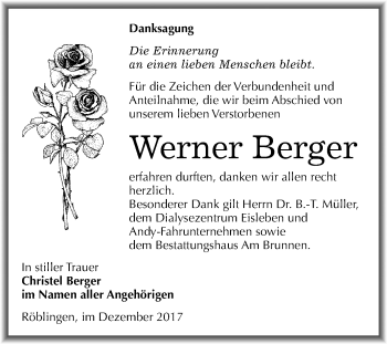 Traueranzeige von Werner Berger von Mitteldeutsche Zeitung