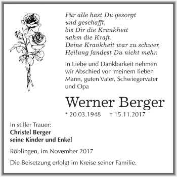 Traueranzeige von Werner Berger von Wochenspiegel Mansfelder Land