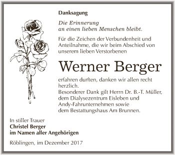 Traueranzeige von Werner Berger von Wochenspiegel Mansfelder Land