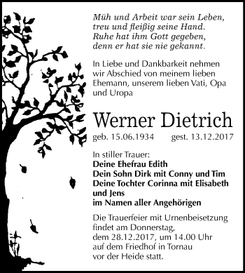Traueranzeige von Werner Dietrich von Mitteldeutsche Zeitung Bitterfeld