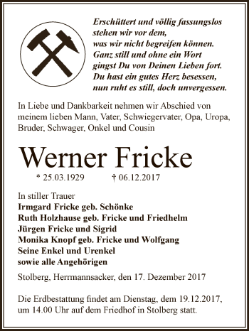 Traueranzeige von Werner Fricke von Super Sonntag SGH Mansf. Land