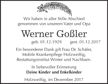 Traueranzeige von Werner Goßler von WVG - Wochenspiegel Bitterfeld