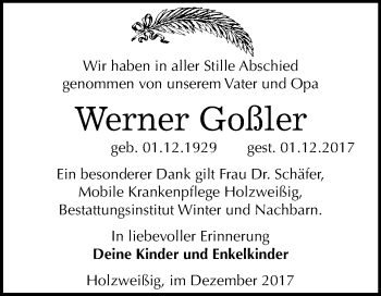 Traueranzeige von Werner Goßler von Mitteldeutsche Zeitung Bitterfeld