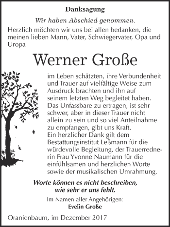 Traueranzeige von Werner Große von WVG - Wochenspiegel Wittenberg