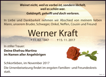 Traueranzeige von Werner Kraft von WVG - Wochenspiegel NMB / WSF / ZTZ