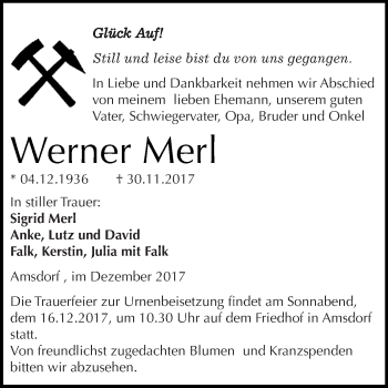 Traueranzeige von Werner Merl von Super Sonntag SGH Mansf. Land