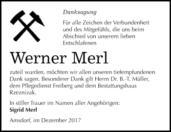 Traueranzeige von Werner Merl von Wochenspiegel Mansfelder Land