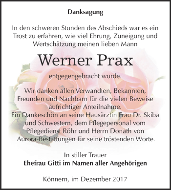 Traueranzeige von Werner Prax von Super Sonntag Bernburg