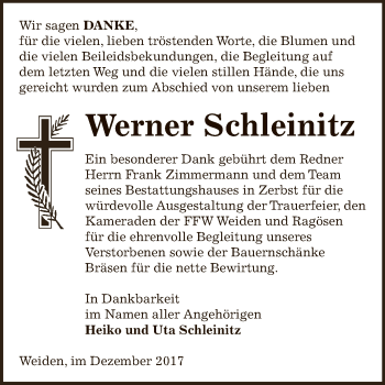 Traueranzeige von Werner Schleinitz von WVG - Wochenspiegel Dessau / Köthen