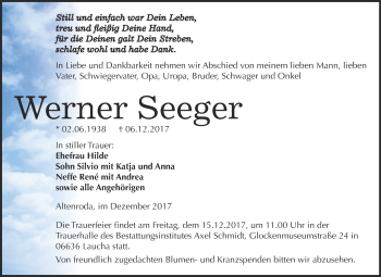 Traueranzeige von Werner Seeger von WVG - Wochenspiegel NMB / WSF / ZTZ