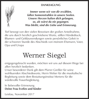 Traueranzeige von Werner Siegel von WVG - Wochenspiegel NMB / WSF / ZTZ