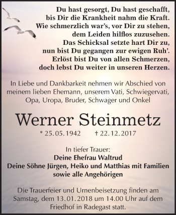 Traueranzeige von Werner Steinmetz von Mitteldeutsche Zeitung