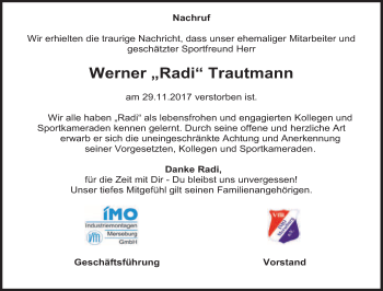 Traueranzeige von Werner Trautmann von WVG - Wochenspiegel Merseburg