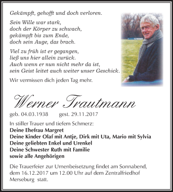 Traueranzeige von Werner Trautmann von Mitteldeutsche Zeitung Merseburg/Querfurt