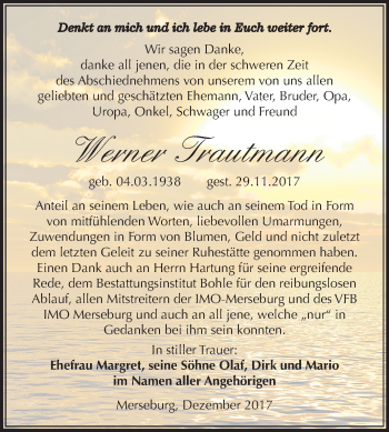 Traueranzeige von Werner Trautmann von Mitteldeutsche Zeitung Merseburg/Querfurt