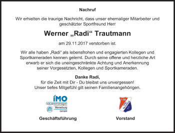 Traueranzeige von Werner Trautmann von Mitteldeutsche Zeitung Merseburg/Querfurt