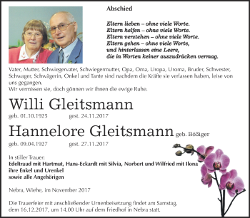 Traueranzeige von Willi und Hannelore Gleitsmann von WVG - Wochenspiegel NMB / WSF / ZTZ