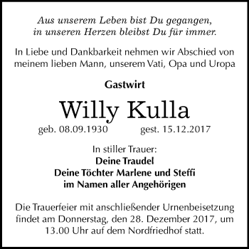 Traueranzeige von Willy Kulla von Mitteldeutsche Zeitung Halle/Saalkreis