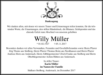 Traueranzeige von Willy Müller von Mitteldeutsche Zeitung Sangerhausen