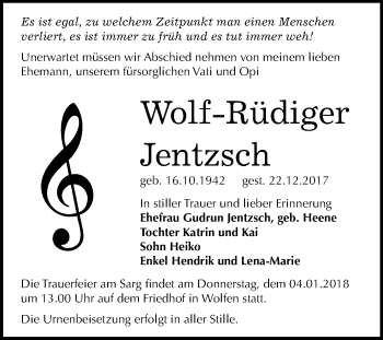 Traueranzeige von Wolf-Rüdiger Jentzsch von Mitteldeutsche Zeitung Bitterfeld
