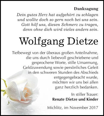 Traueranzeige von Wolfgang Dietze von WVG - Wochenspiegel NMB / WSF / ZTZ
