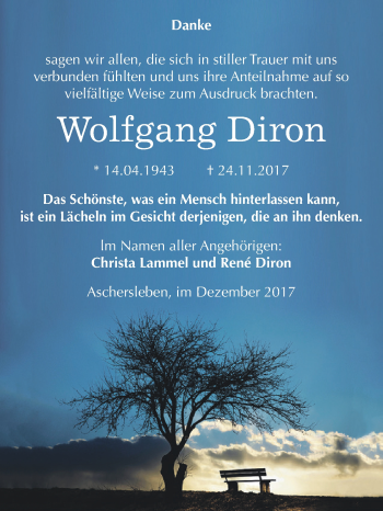 Traueranzeige von Wolfgang Diron von Super Sonntag Aschersleben