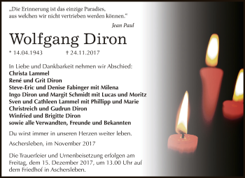 Traueranzeige von Wolfgang Diron von Super Sonntag Aschersleben
