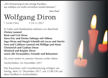 Traueranzeige von Wolfgang Diron von Mitteldeutsche Zeitung Aschersleben