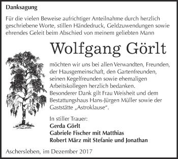 Traueranzeige von Wolfgang Görlt von Super Sonntag Aschersleben