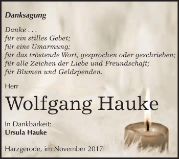 Traueranzeige von Wolfgang Hauke von WVG - Wochenspiegel Quedlinburg
