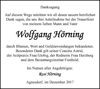 Traueranzeige von Wolfgang Hörning von Mitteldeutsche Zeitung Sangerhausen