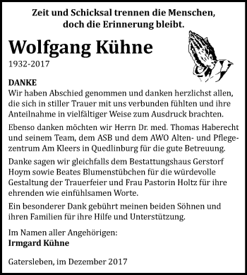 Traueranzeige von Wolfgang Kühne von Mitteldeutsche Zeitung Aschersleben