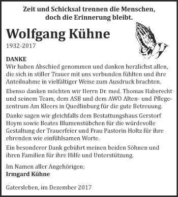 Traueranzeige von Wolfgang Kühne von Super Sonntag Aschersleben