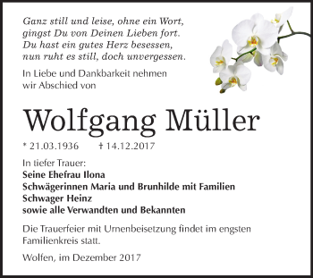 Traueranzeige von Wolfgang Müller von Mitteldeutsche Zeitung Bitterfeld