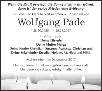 Traueranzeige von Wolfgang Pade von Super Sonntag Aschersleben