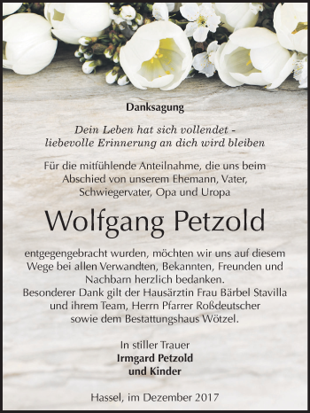 Traueranzeige von Wolfgang Petzold von Mitteldeutsche Zeitung Zeitz