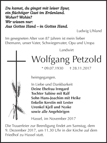 Traueranzeige von Wolfgang Petzold von Super Sonntag Zeitz
